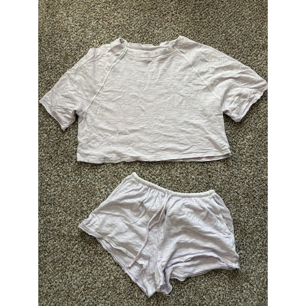 Aerie It's Casual Knit Slub Lounge Set Medium Lilac Purple Crop Shorts 2-Piece
